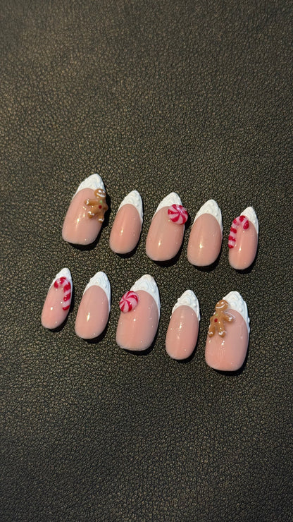 Peppermint - Candy Cane & Gingerbread | Handpainted Press On Nails