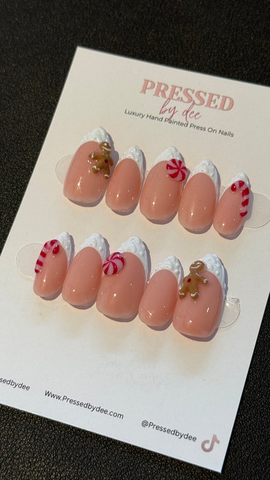 Peppermint - Candy Cane & Gingerbread | Handpainted Press On Nails