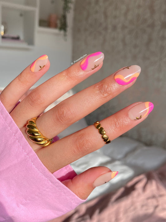 Swirls and Chrome - Summer swirls with chrome flowers - Press on nails UK