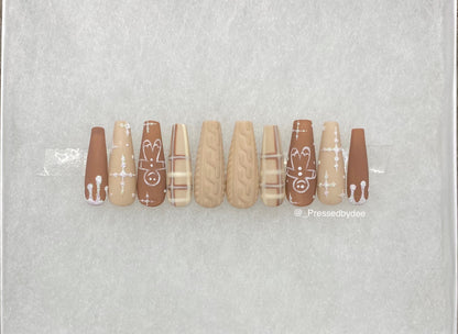 Nude Gingerbread Christmas Nails | Handpainted Press On Nails