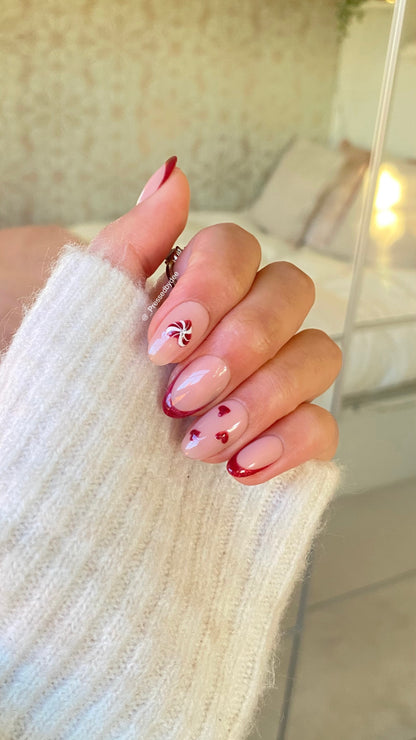 Candy Cane Hearts | Handpainted Press On Nails