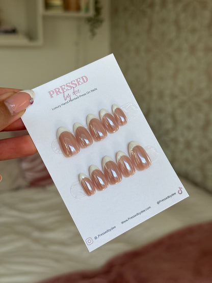 White Chrome French Tips | Handpainted Press On Nails