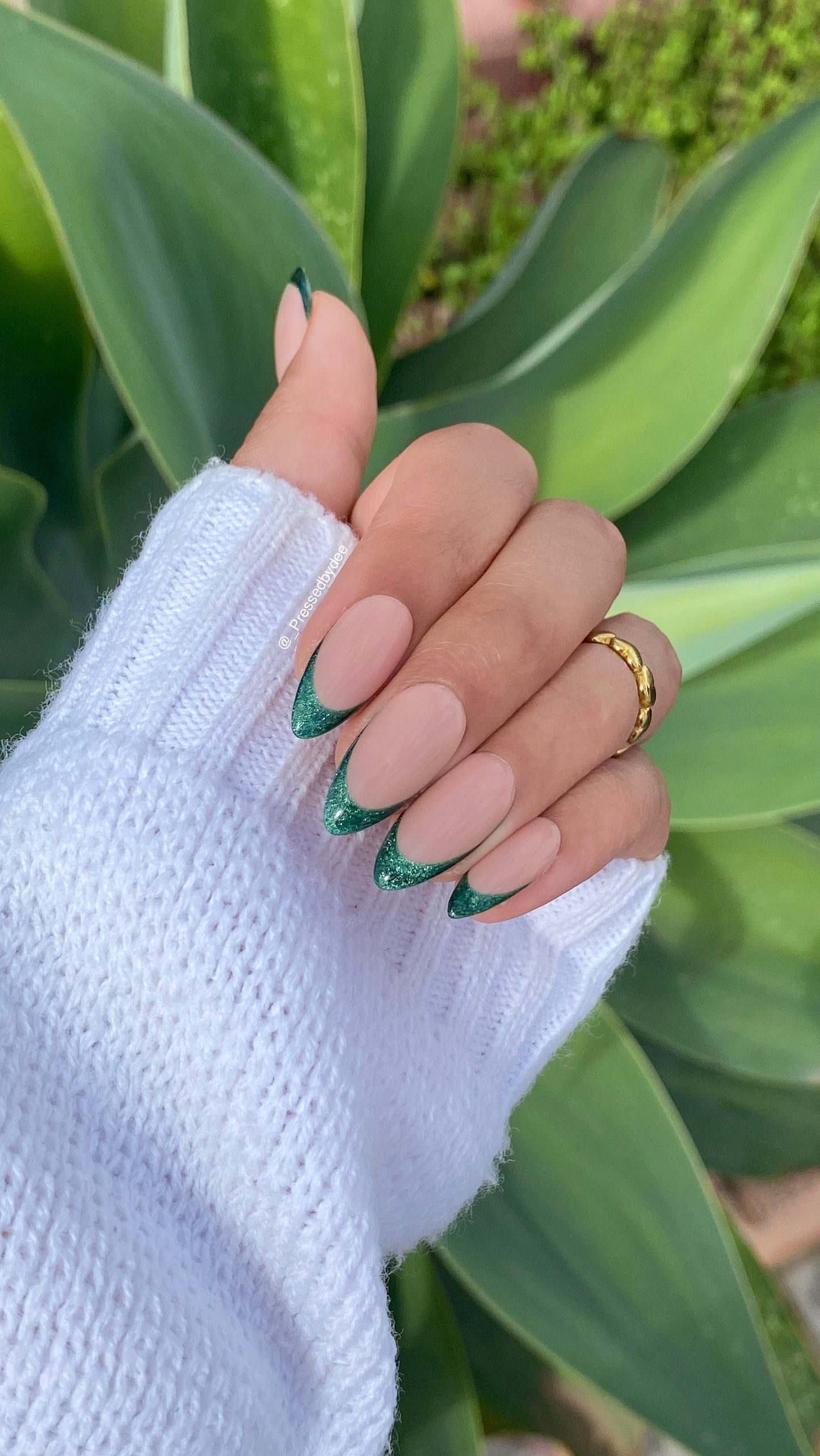 Green Cat Eye French Tips - Hand Painted Press on nails